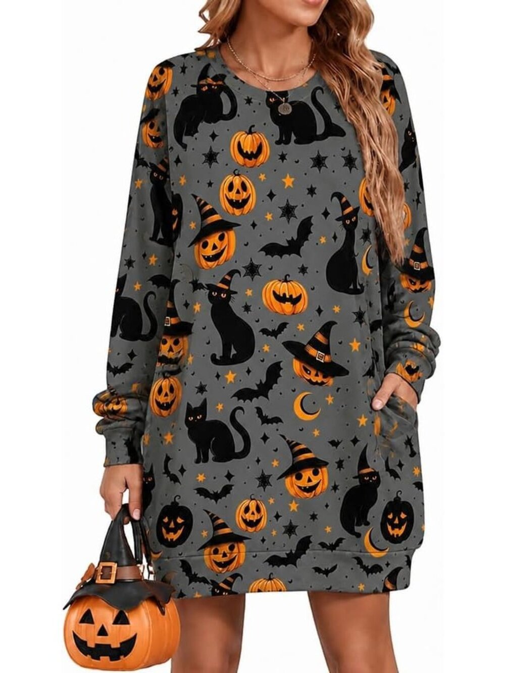 🆕 Women's Gray Halloween Pumpkin Black Cat Witch Hat Sweatshirt Dress Pockets